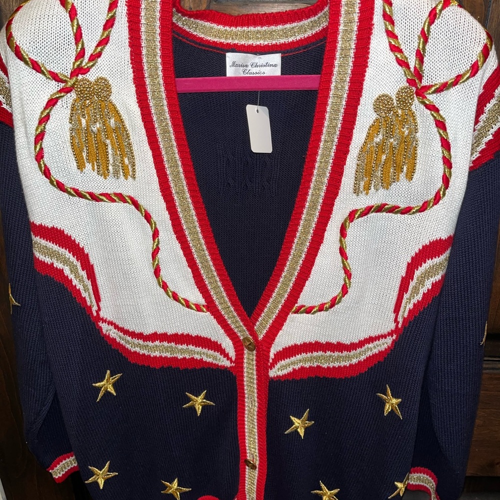 Marisa Christina Navy and Red Cardigan with Gold Accents
